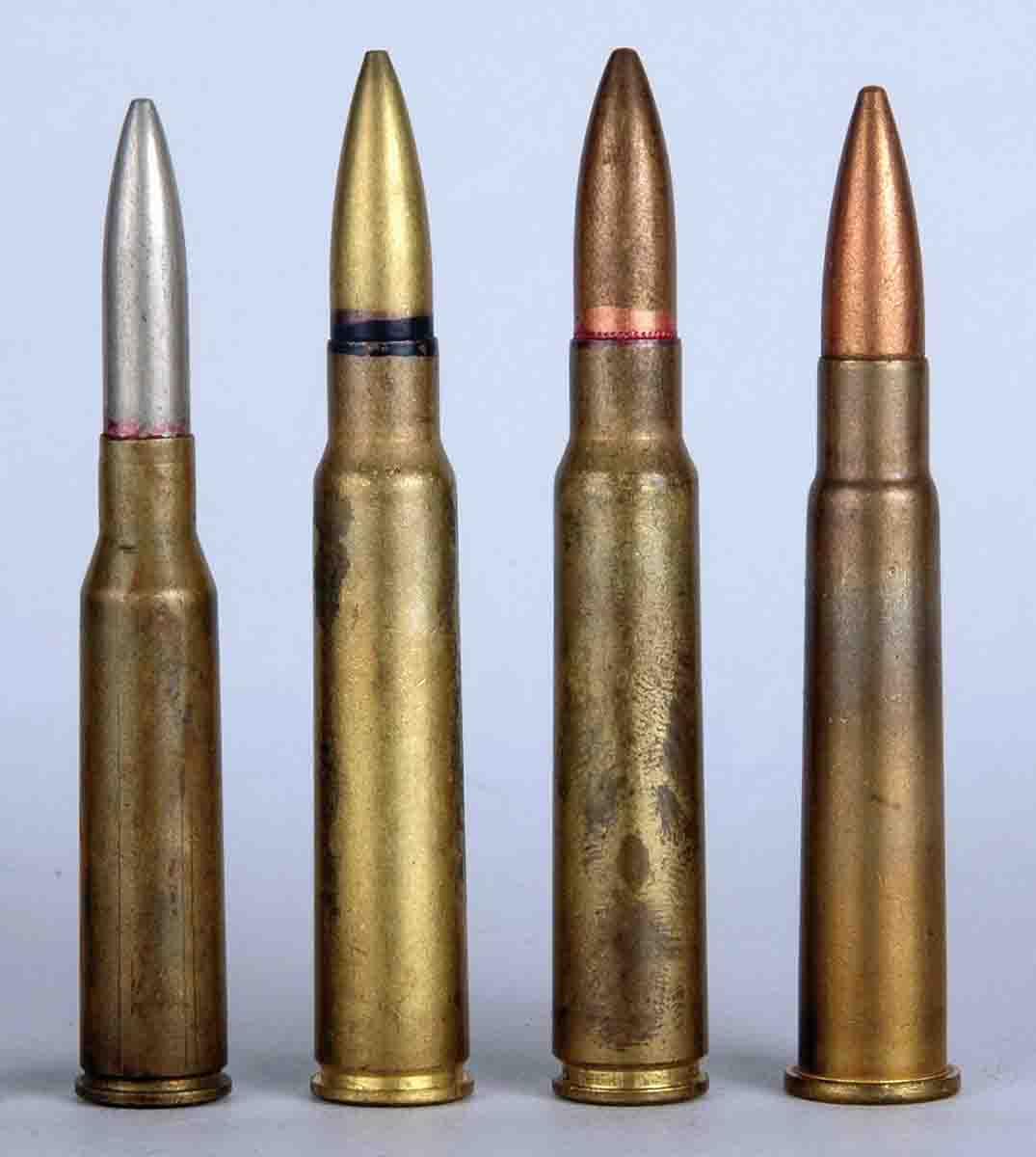 Original IJA military rounds include (left to right): the 6.5x50mm semi-rimmed, 7.7x58mm semi-rimmed, 7.7x58mm rimless and the 7.7x56mm rimmed that was used only by the Japanese Navy in Lewis Light Machine Guns.